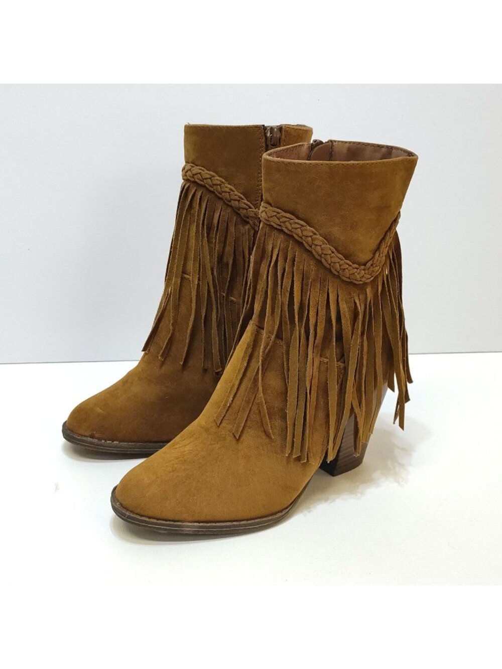 Breckelle's Fringe Ankle Boot Heather 38 Braided Trim Side Zip Faux Suede US 5.5